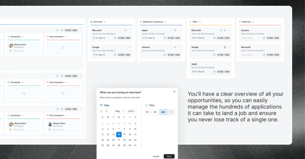 HirePilot Job Application Tracker interface showing an organized pipeline of applications and an integrated interview reminder calendar.