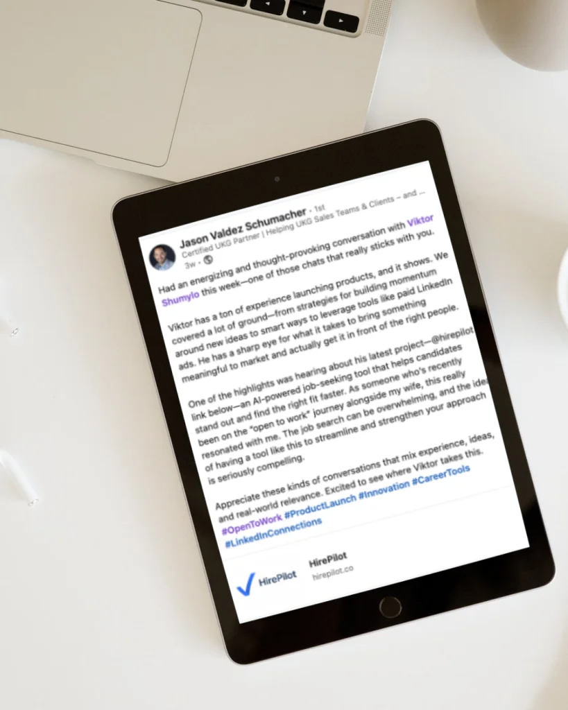 Tablet on a desk displaying a LinkedIn post with user feedback and HirePilot reviews.