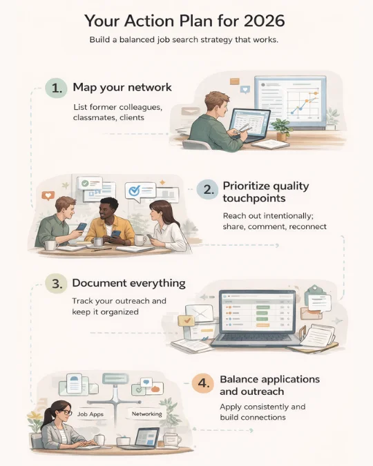 Networking action plan for 2026 showing steps to map connections, prioritize touchpoints, track referrals, and balance applications with outreach.