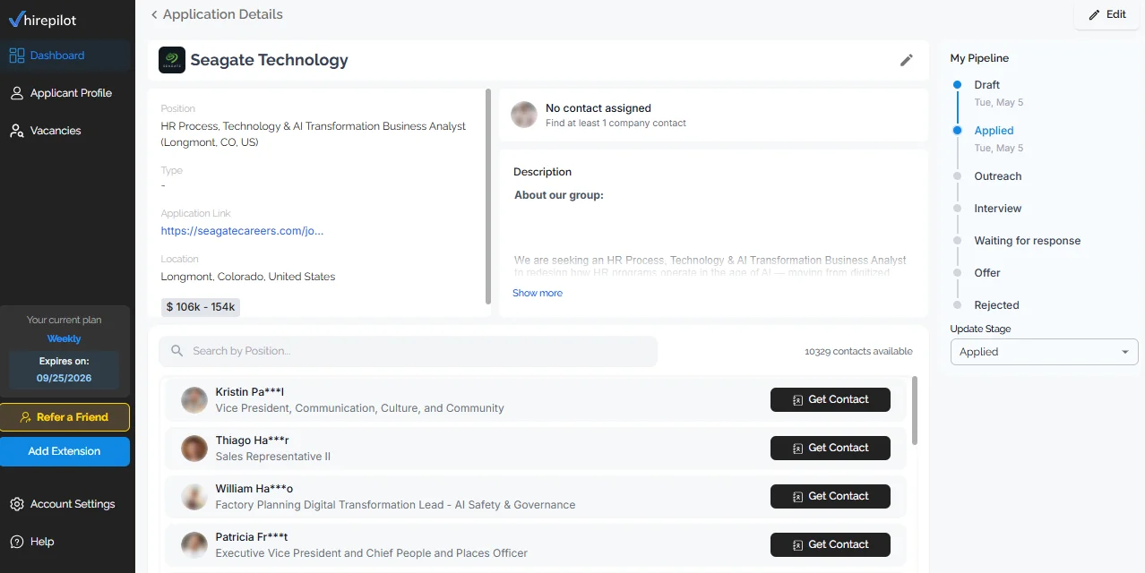 HirePilot dashboard showing hiring manager contacts for a business analyst role.