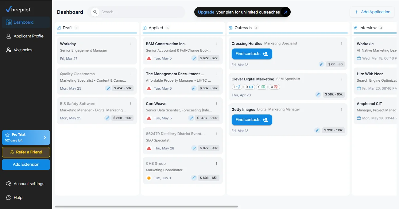 HirePilot job tracker dashboard showing applications across Draft, Applied, Outreach and Interview stages
