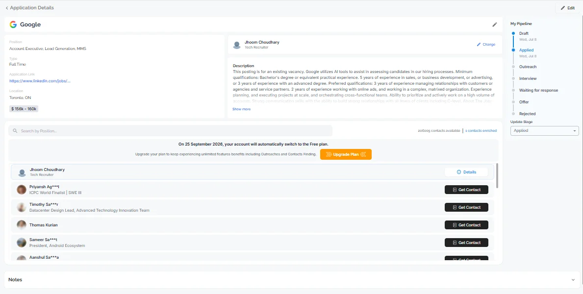 HirePilot application details page showing recruiter contacts to reach out to right after applying