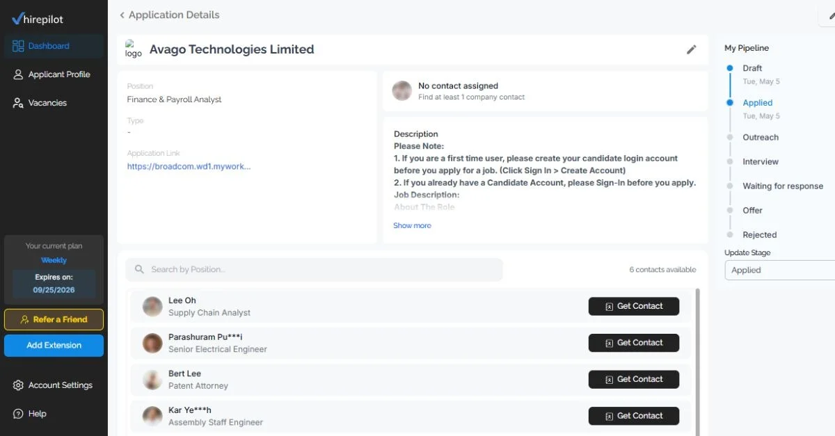 HirePilot dashboard showing hiring manager contacts for a finance and payroll analyst role 