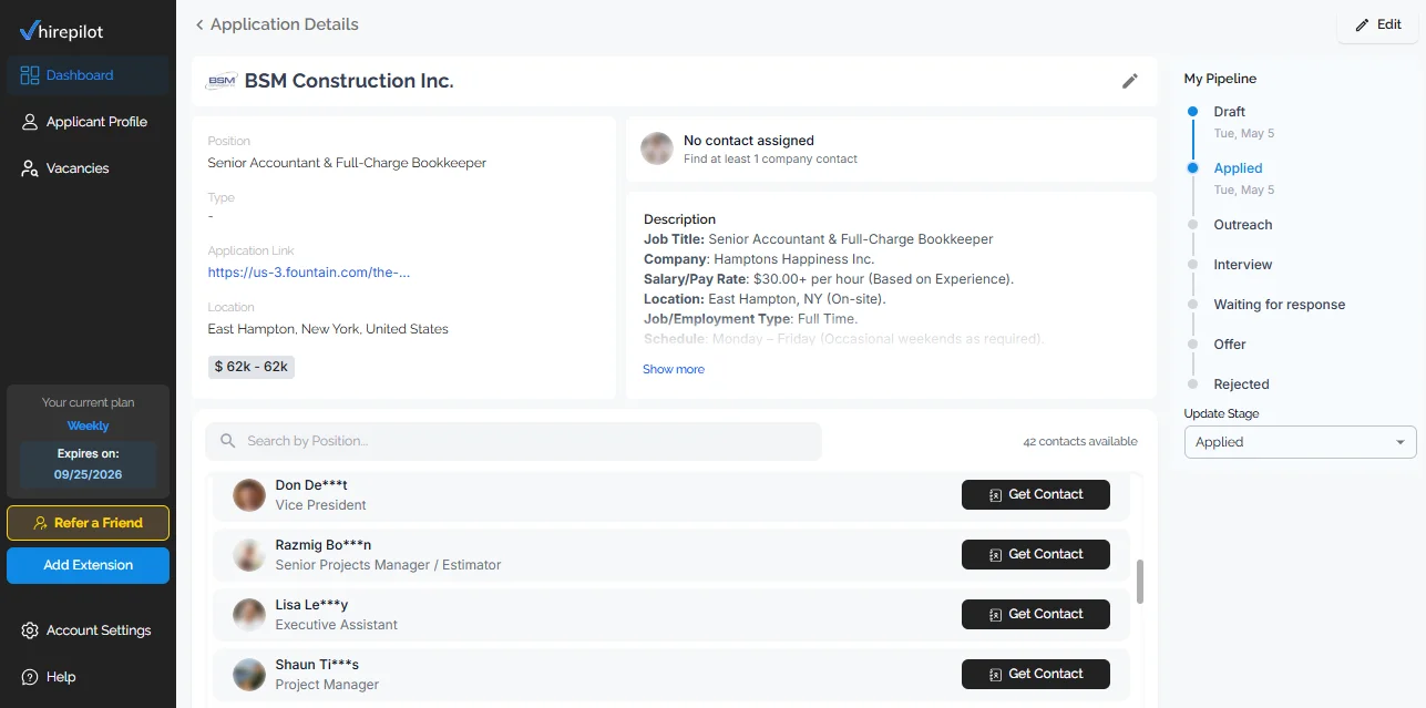 HirePilot dashboard showing hiring manager contacts for a Senior Accountant and Full-Charge Bookkeeper role.