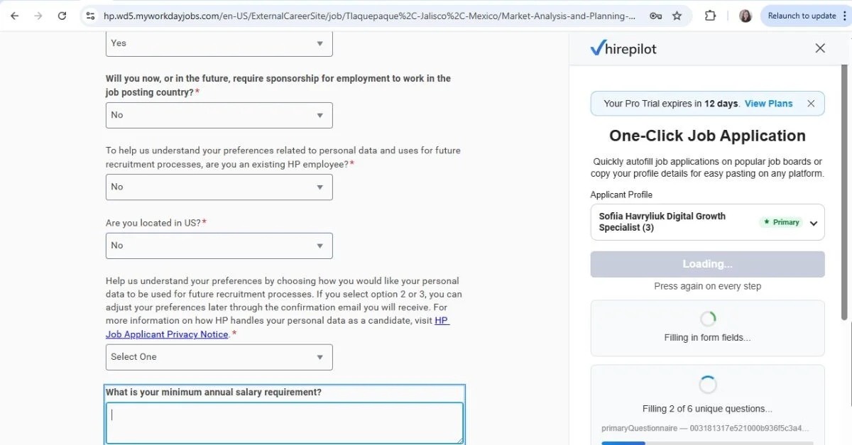 Job search assistant autofill completing a company job application form automatically with one click