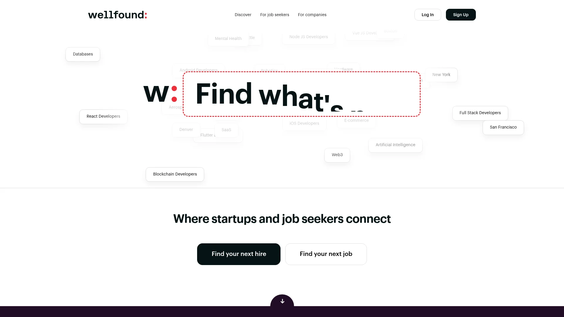 Wellfound job board homepage for startup job seekers and tech roles