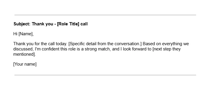 Thank-you email template to send after a phone job interview with subject line and three-sentence structure