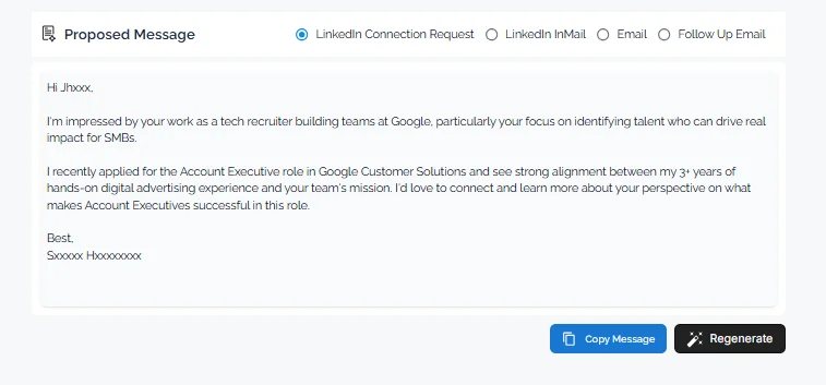 HirePilot AI-drafted outreach message to a hiring manager after an automated job application