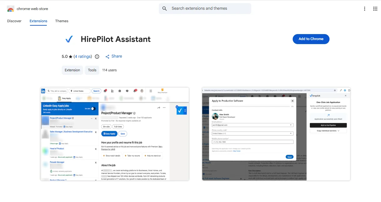 HirePilot Assistant listed among the best chrome extensions for job seekers on the Chrome Web Store