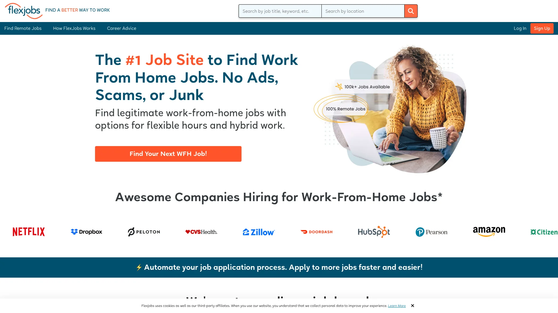 FlexJobs homepage — top job board for remote and flexible work listings
