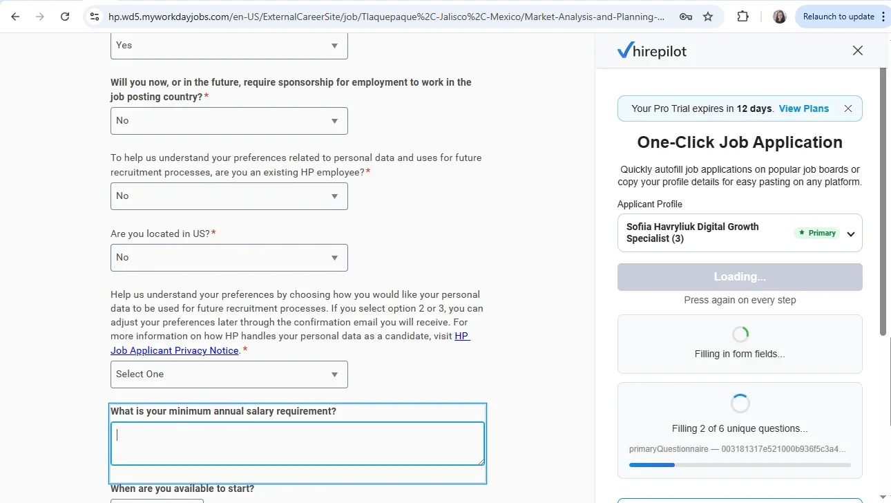 Autofilling salary and sponsorship questions on a Workday job application form