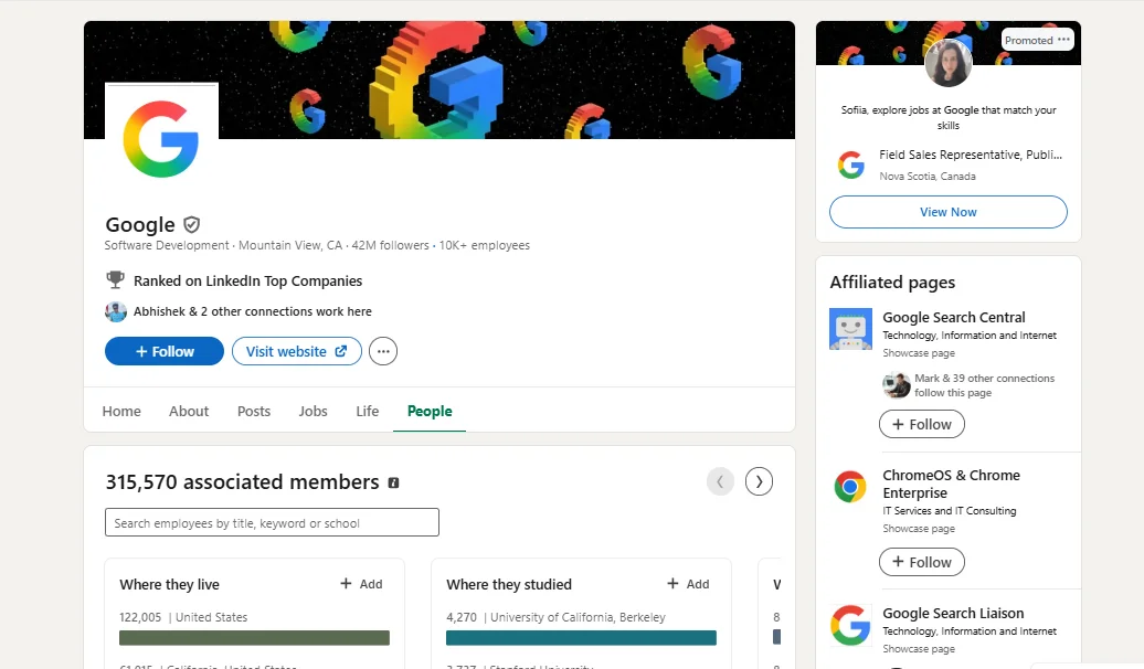 Google company LinkedIn page showing associated members and people tab, used to find the hiring manager for a job