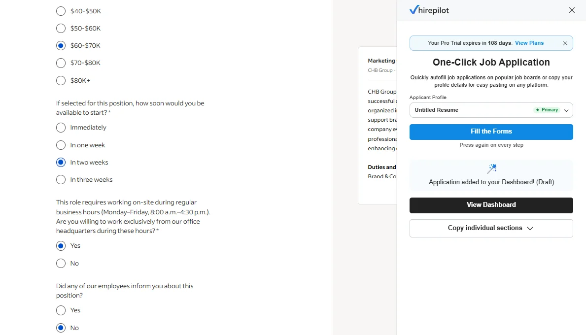 HirePilot Chrome extension filling an Indeed Easy Apply form automatically