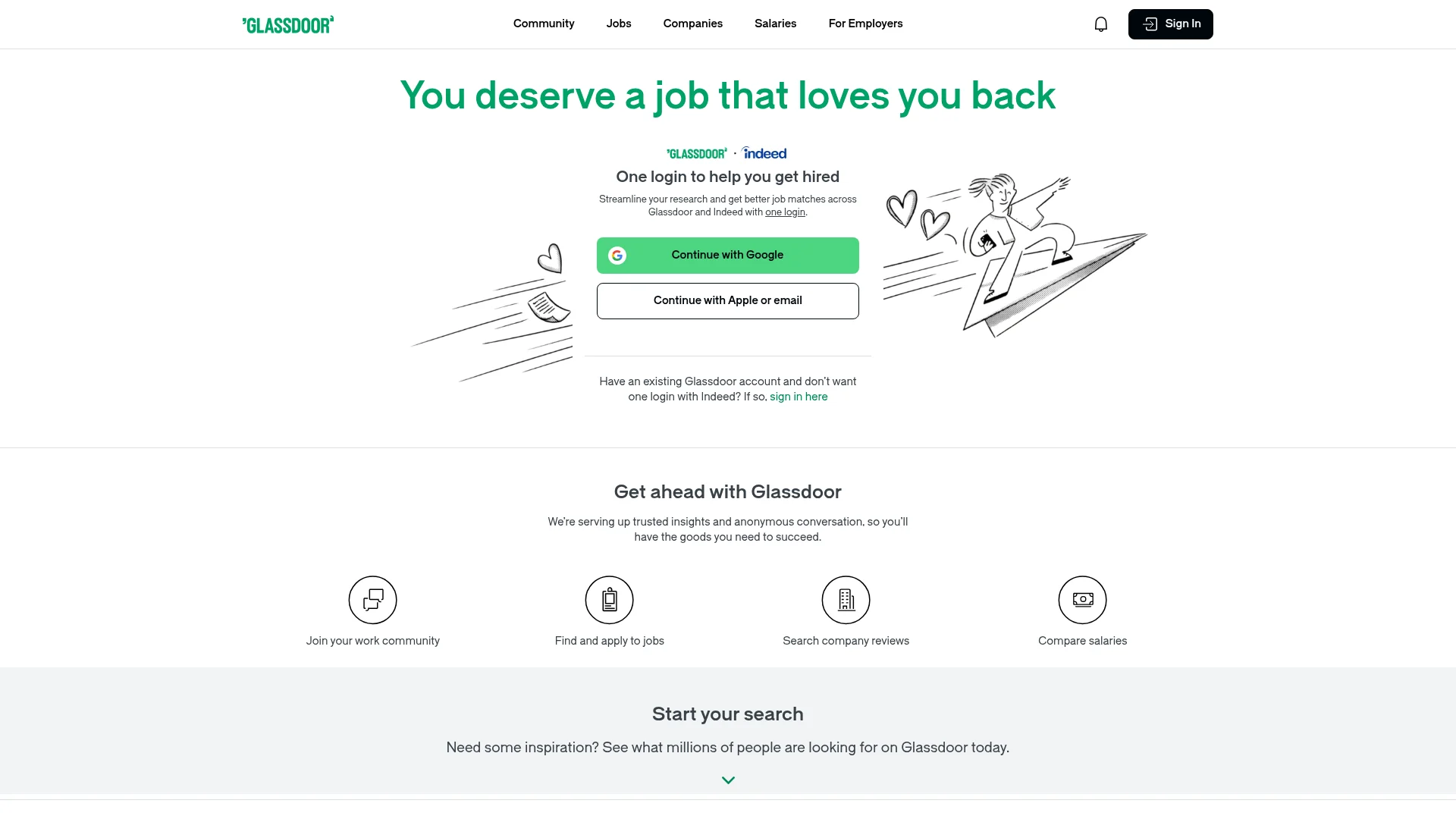 Glassdoor homepage for company reviews, salary data, and job search