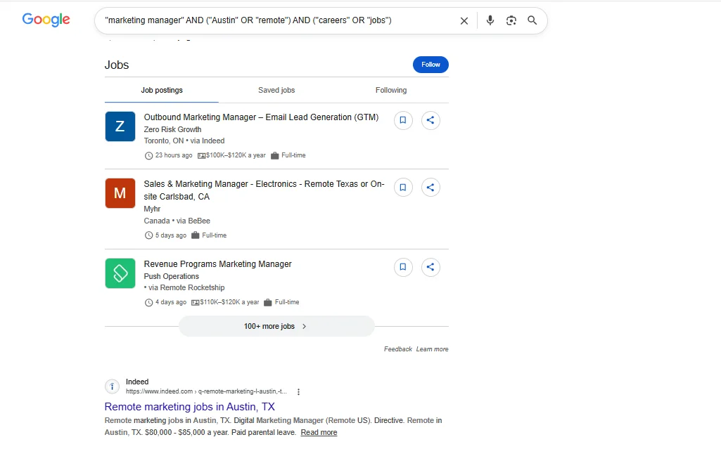 Google Jobs search results using Boolean query for marketing manager remote roles