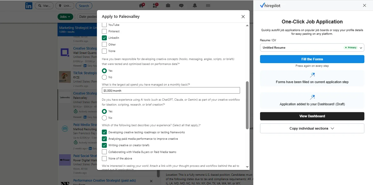 Autofilling a LinkedIn Easy Apply job application form during automated job applications