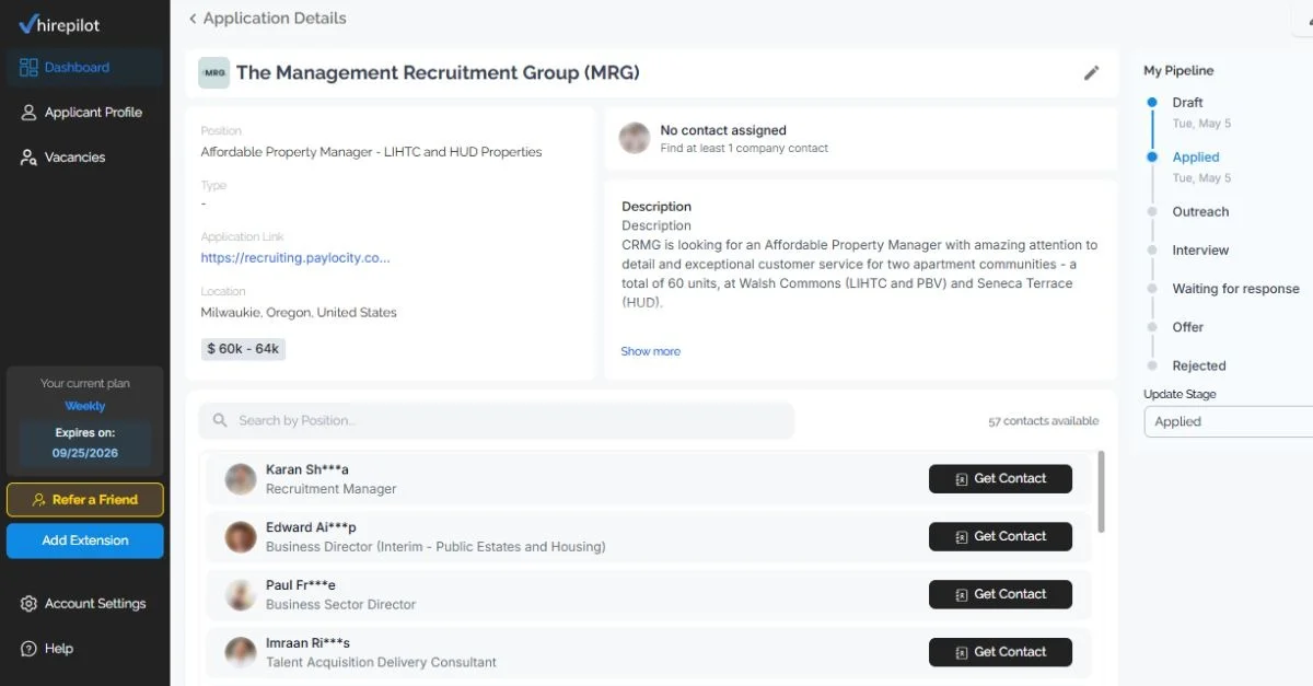 HirePilot dashboard showing hiring manager contacts for an affordable property manager role
