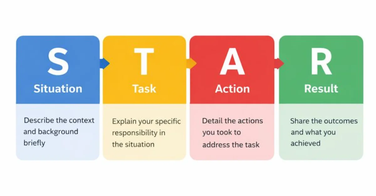 STAR method diagram for phone job interview answers: Situation, Task, Action, Result