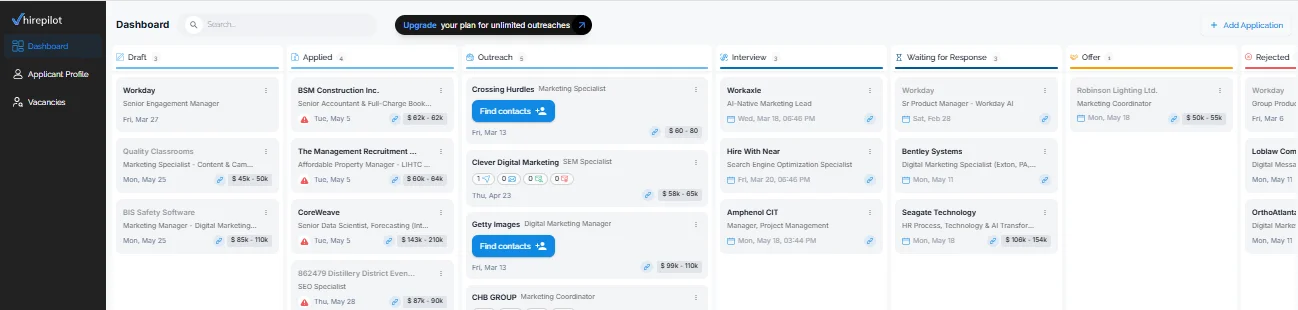 HirePilot job tracker Kanban board showing applications organized by stage including Applied, Waiting for Response, and Interview