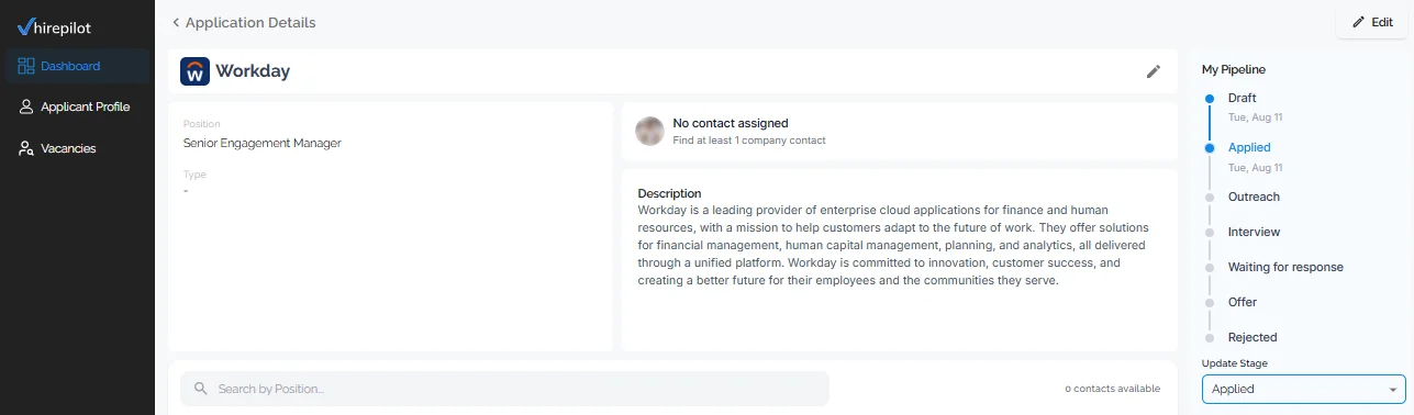 Job application tracker showing a Workday application moved to the Applied stage in the pipeline