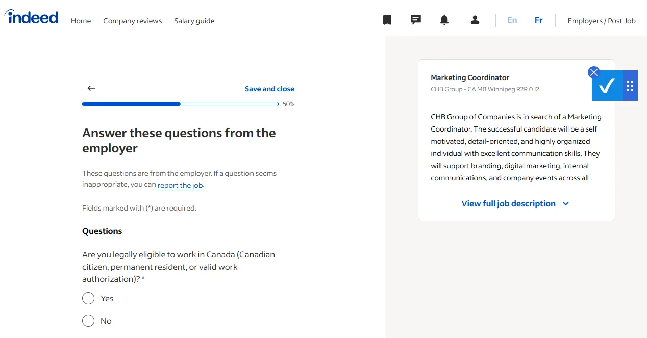 Indeed application form showing employer screening questions including work eligibility