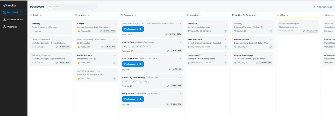 HirePilot job tracker Kanban board showing applications from draft to offer