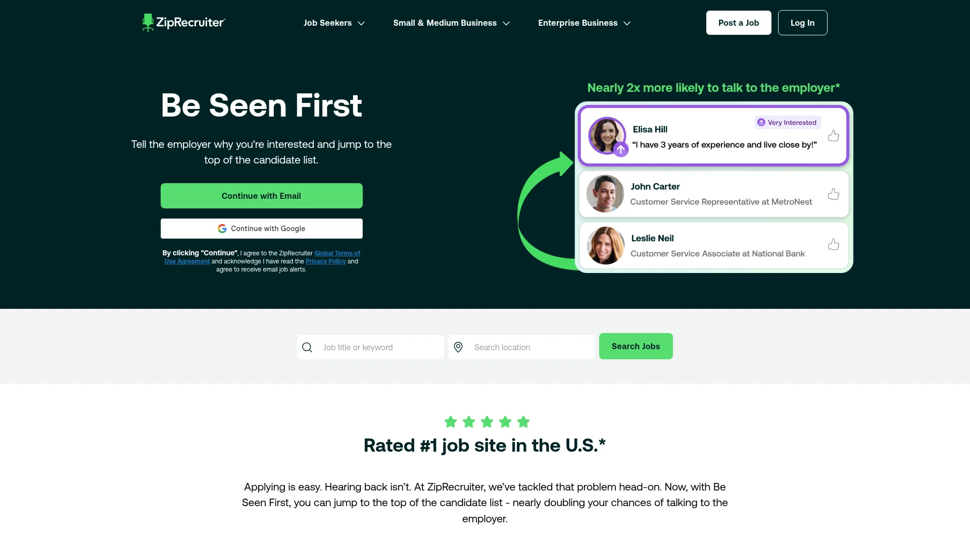 ZipRecruiter homepage — job board for fast mobile-first applications