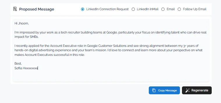 HirePilot AI-generated outreach message example for contacting a hiring manager