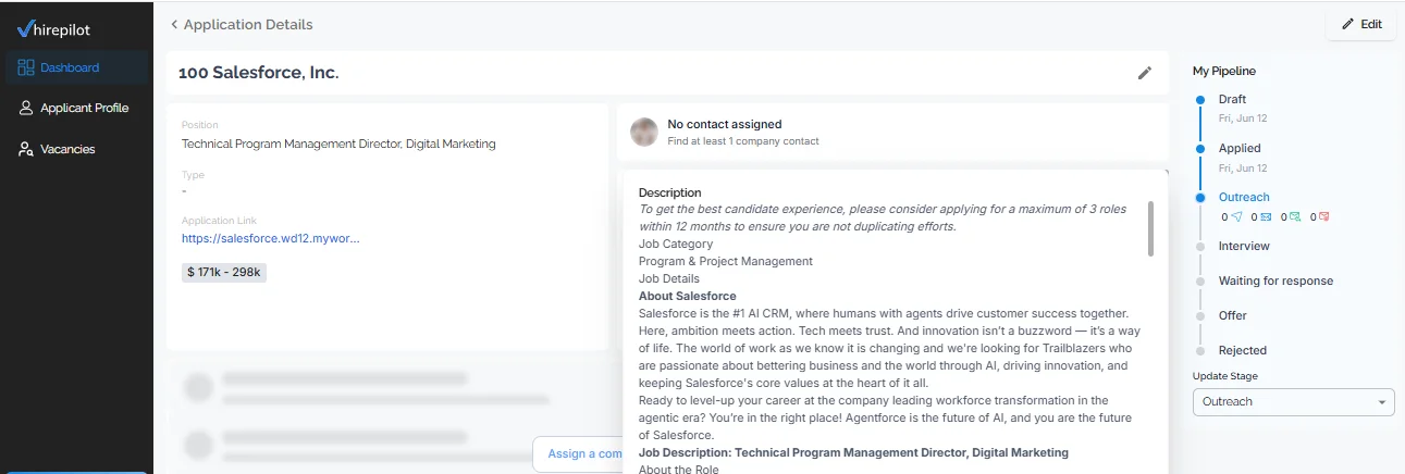 HirePilot job tracker showing application with Kanban board and applicant status columns