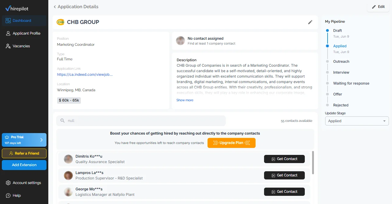 HirePilot application detail page for Marketing Coordinator role showing pipeline stage and contact finder