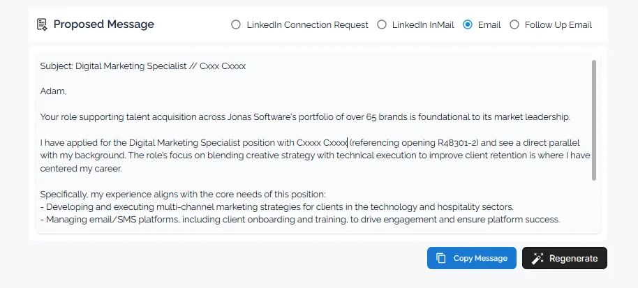 HirePilot recruiter outreach tool generating a follow-up email after job application