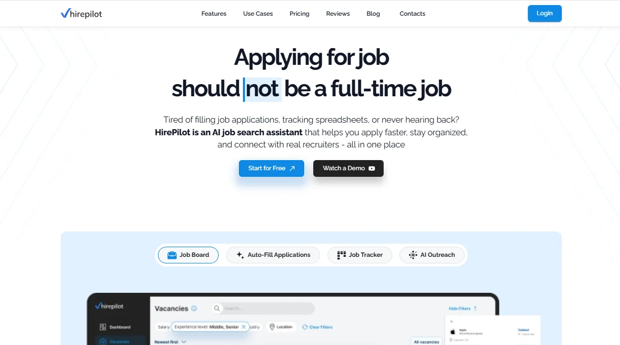 HirePilot job search platform showing job board, autofill, tracker, and AI outreach features