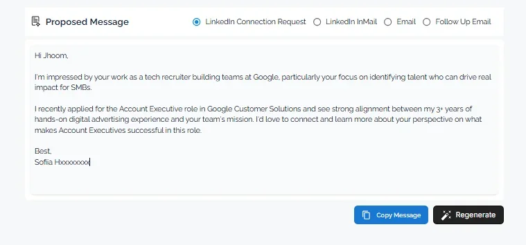 Personalized outreach message to a hiring manager with options for LinkedIn Connection Request, LinkedIn InMail, Email, or Follow Up Email