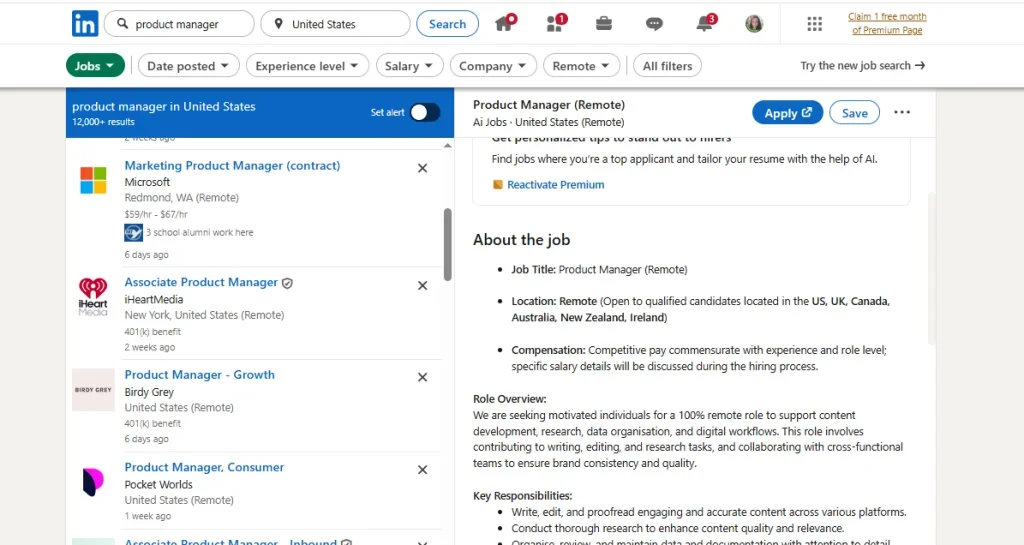 LinkedIn job search page showing product manager listings in the United States