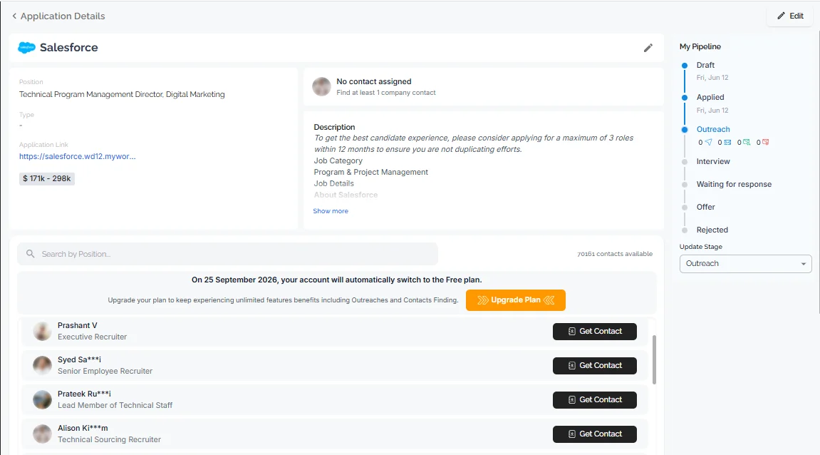  HirePilot application details page showing pipeline stage and hiring manager contact search