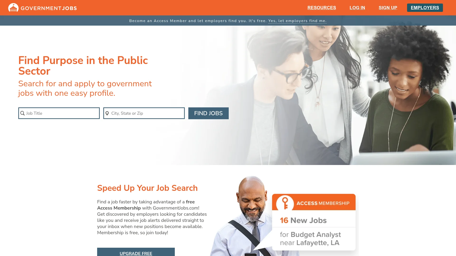 GovernmentJobs.com homepage for public sector and government job listings