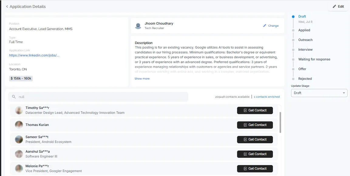 Application details screen for a job posting showing company contacts available to reach out to, each with a get contact button