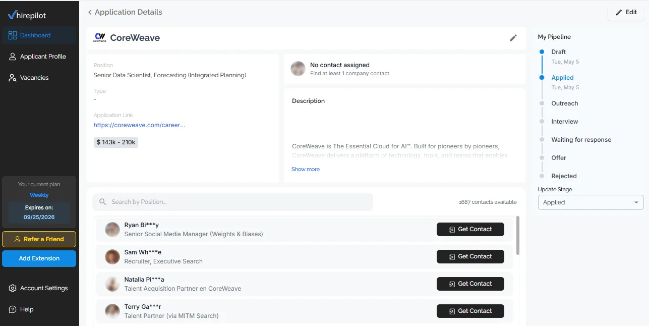 HirePilot dashboard showing hiring manager contacts for a Senior Data Scientist role.