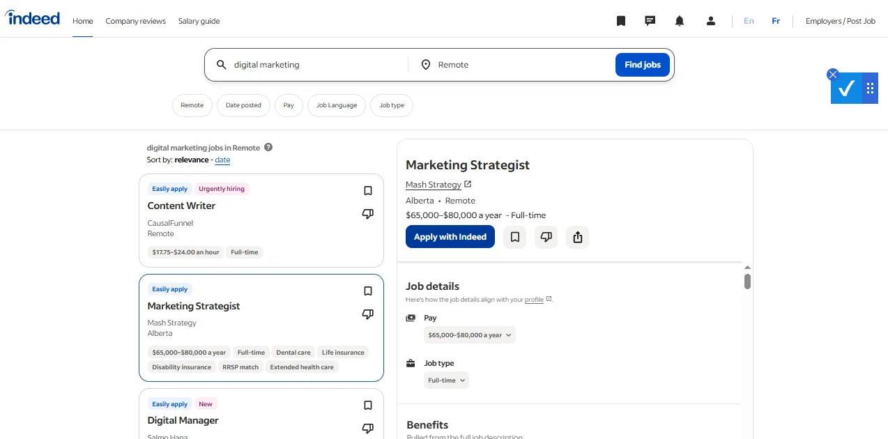 Indeed job search results showing Easily apply labels on job listings