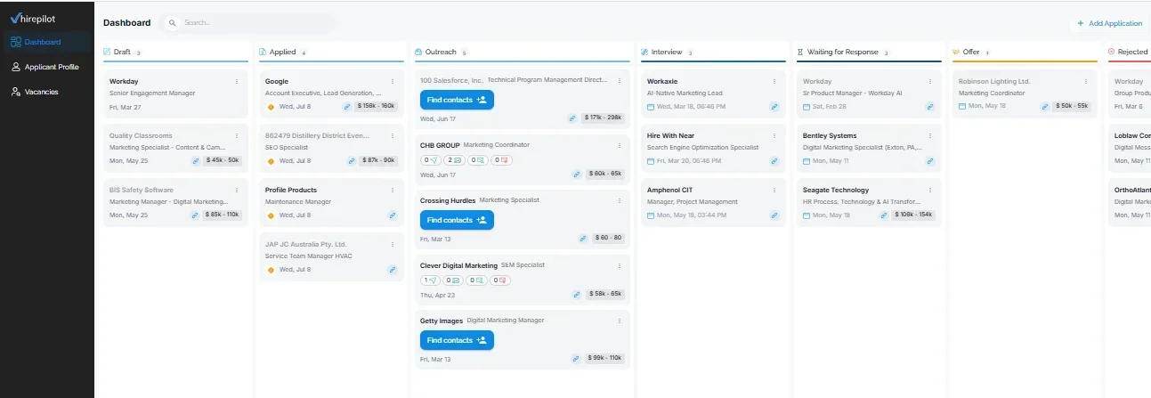  HirePilot Kanban tracker automatically organizing applications by stage after autofill