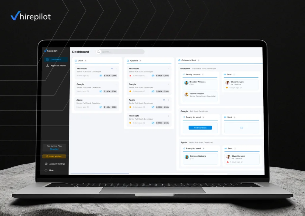 HirePilot job application tracker dashboard on laptop screen, showing organized applications and follow-up reminders