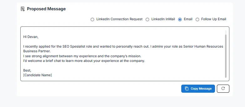 Example of AI-generated outreach email template designed to reach hiring managers directly and start a conversation.