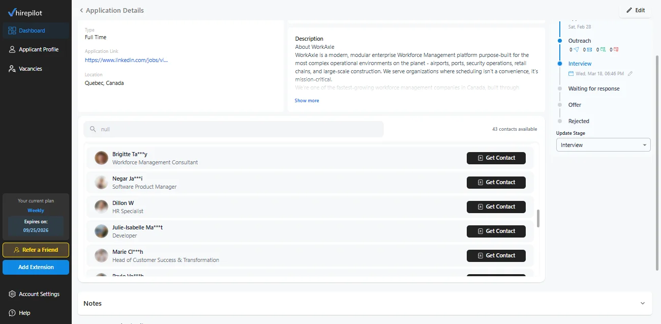 HirePilot outreach feature showing hiring manager contacts for a job application