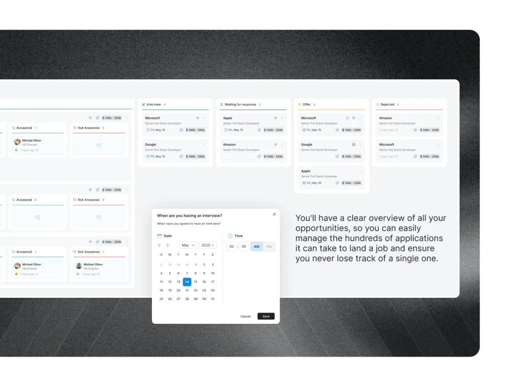 HirePilot job application tracker showing organized stages that support smarter job search strategies.
