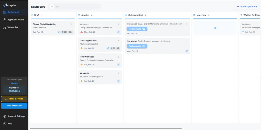 Job application tracker dashboard for managing LinkedIn Easy Apply applications and outreach