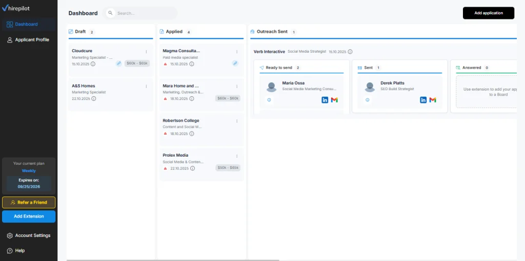 HirePilot job application tracker dashboard showing follow-up status and recruiter responses.