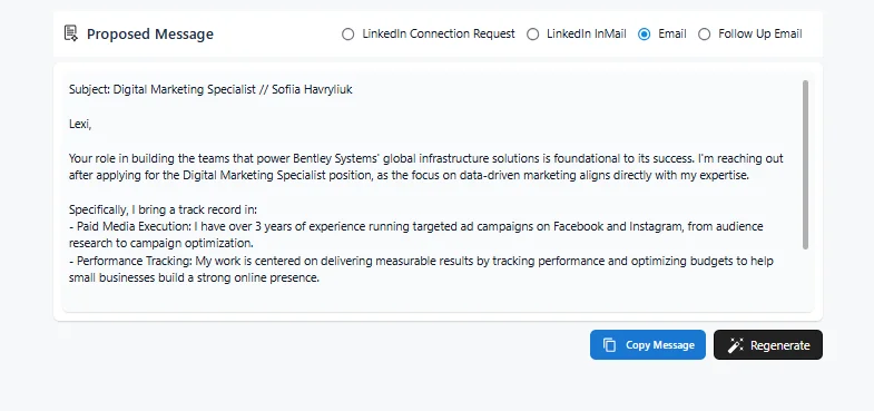 How to message a recruiter on LinkedIn and email, HirePilot generated outreach email with subject line and low-pressure closing question