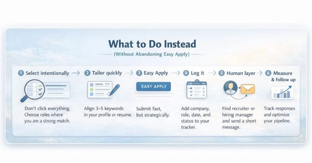 Structured LinkedIn Easy Apply workflow with tracking and recruiter outreach steps