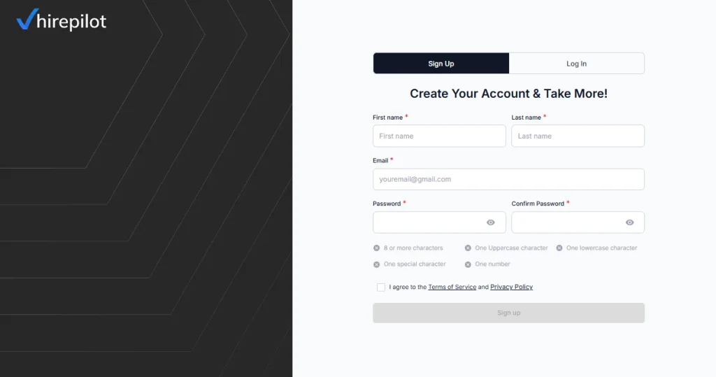 HirePilot Application Auto-Fill – account creation screen