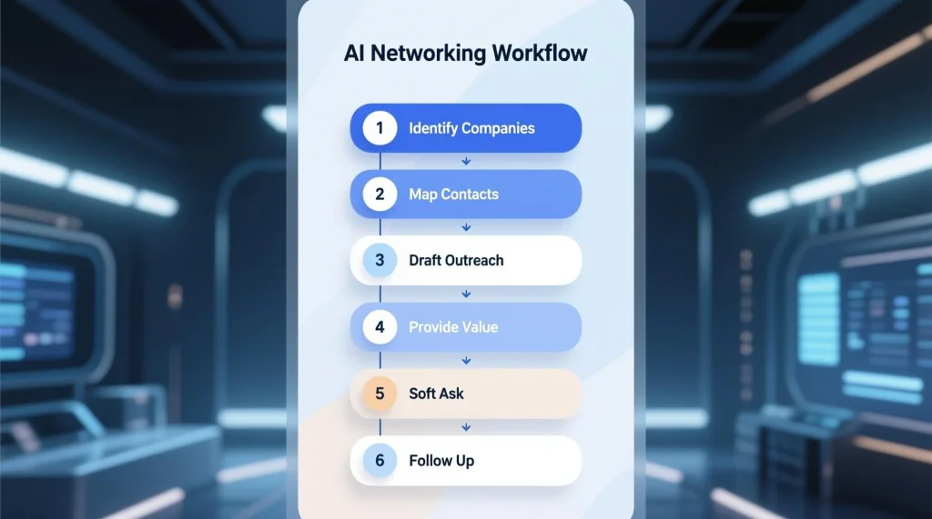 AI networking workflow infographic showing six steps: Identify Companies, Map Contacts, Draft Outreach, Provide Value, Soft Ask, and Follow Up, illustrating a structured approach to smarter job search networking.